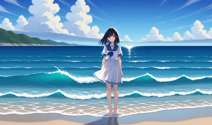 大きな夏雲が浮かぶ青空と海を背景に、白と紺のセーラー服を着た少女が波打ち際に立つオリジナルイラスト