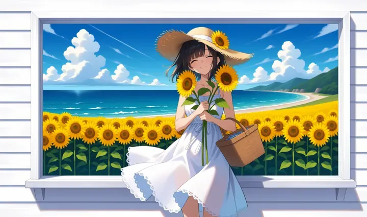 青い海とひまわり畑が広がる大きな窓の前で、麦わら帽子をかぶった少女がひまわりを抱えて微笑むオリジナルイラスト